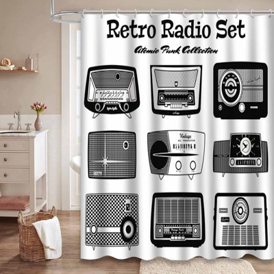 Waterproof 50s Turntable Retro Radio Shower Curtain with 12 Hooks