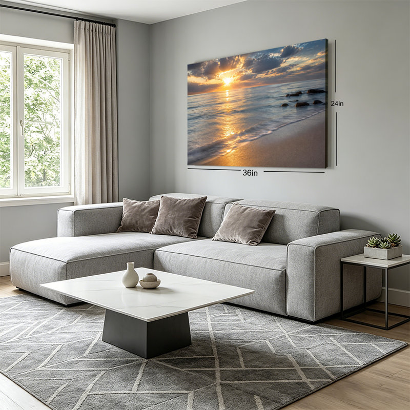 «Serene Ocean Beach Sunset», reproduction d'art sur toile tendue avec lumière dorée et calmes vagues côtières prêtes à être suspendues