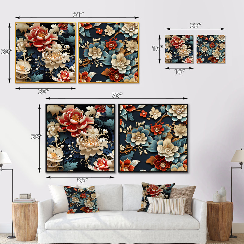 Veney - Ensemble de 2 collages carrés floraux, Cadre flottant noir, H 16 po x l 33 po