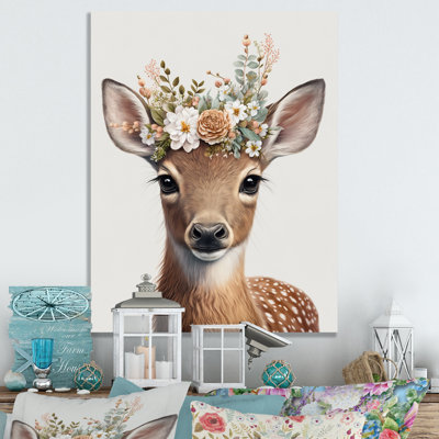 Mignon bébé cerf avec couronne florale I - animaux, art mural sur toile