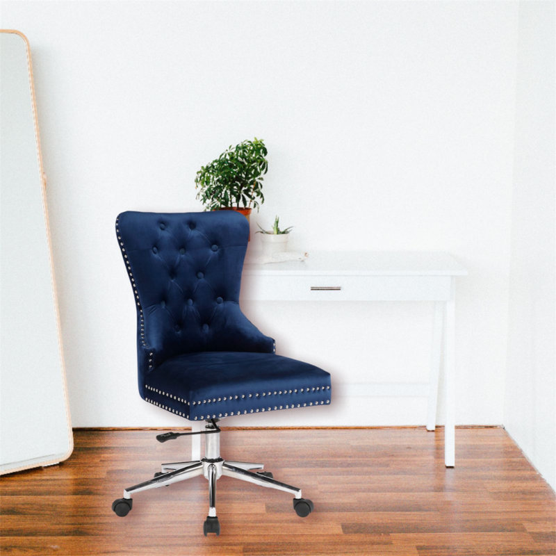 “Brambach Velvet Tufted Task Chair – Adjustable Modern Office Seating with Wooden Frame”, Blue
