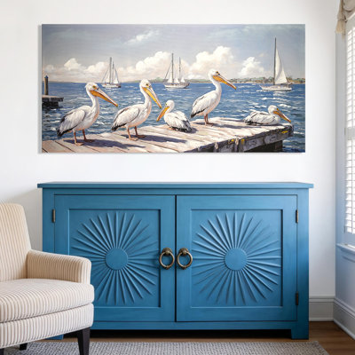 Art mural de plage peint à la main 22 po x 44 po, grande toile de mouette bleu océan, décoration 3D côtière de paysage marin côtier pour le salon, chambre à coucher, ferme moderne, oiseaux de plage, prêt à être accroché, art sur toile de paysage côtier