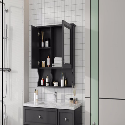 30 Inch Mirror Medicine Cabinet With Open Shelves, Wall Mounted Home Storage With Doors And Mirror, Adjustable Shelves, Bathroom Storage Cabinet Over Toilet