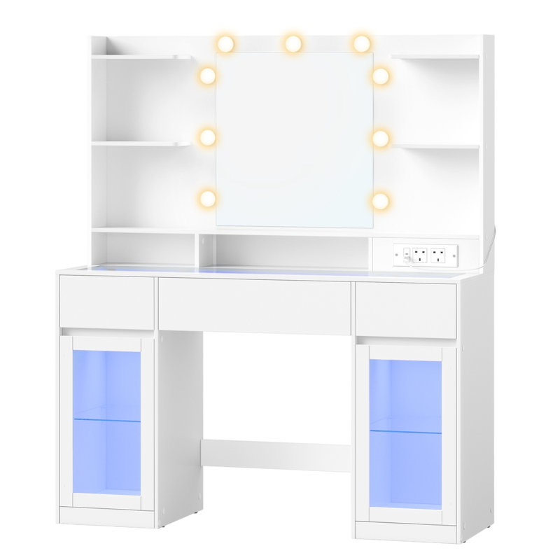 Vanity Dressing Table with LED Lights Power Outlets 3 Drawers 2 Cabinets Transparent Top 8 Storage shelve