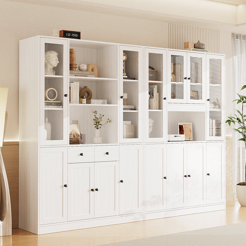 70.9" H x 94" W White Standard Bookcase with 2 drawers, 5-Tier open Bookcase and Bookshelf