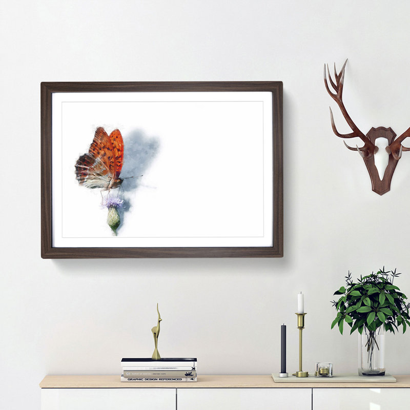 Orange Butterfly on a Thistle - Picture Frame Graphic Art Print, 45cm H x 63cm W x 2cm D, Walnut Framed