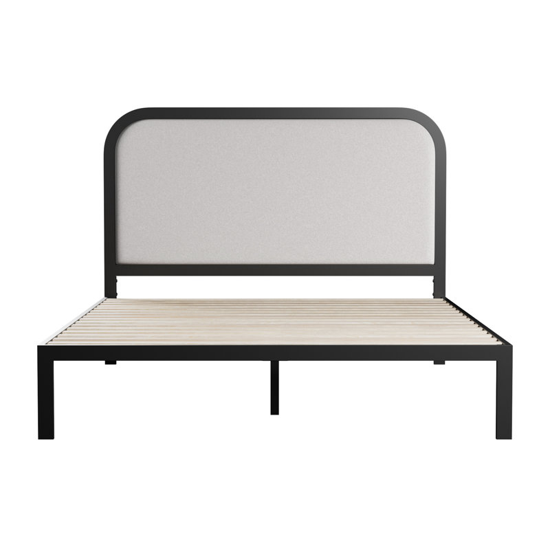 Queen Black Metal Bed Frame with Upholstered Headboard and Slats