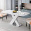 Table de salle à manger moderne carrée, extensible, plateau de table blanc + pied de table en MDF en X avec base en métal