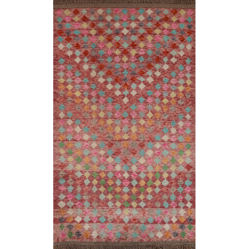 Tapis rose en laine noué à la main de conception unique 2 pi 11 po x 4 pi 11 po New Age