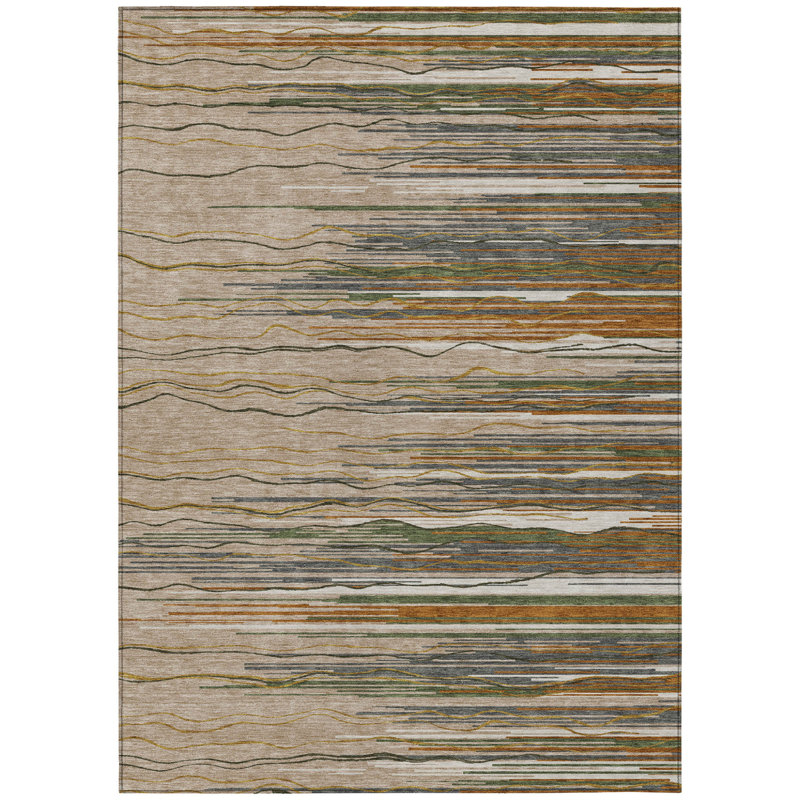 3' X 5' Taupe Copper And Green Striped Washable Indoor Outdoor Area Rug