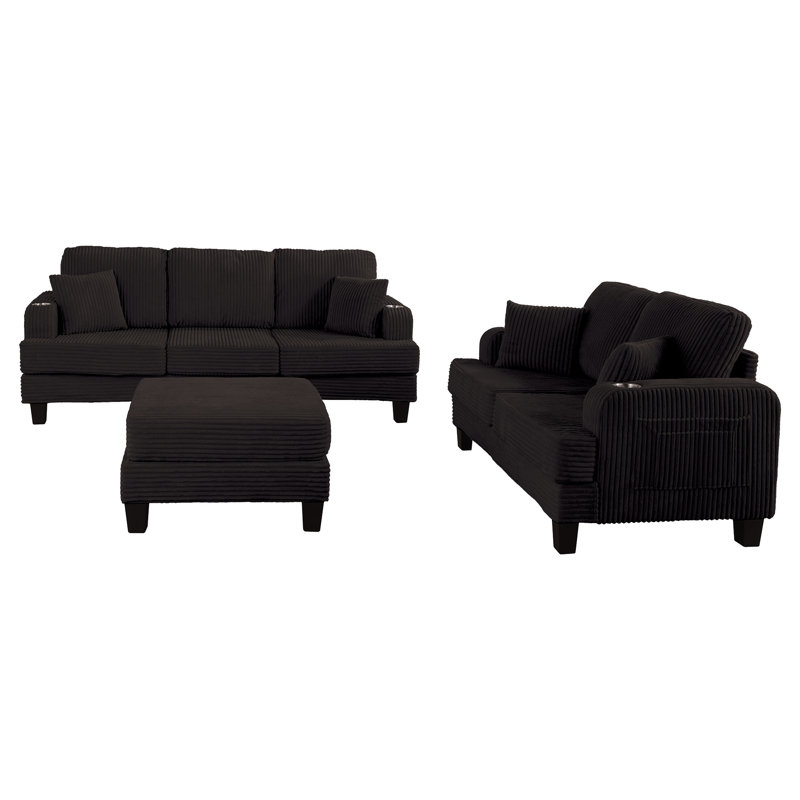 Ensemble de salon de rangement moderne 3 pièces avec ports USB, poches et porte-gobelets, Velours côtelé noir