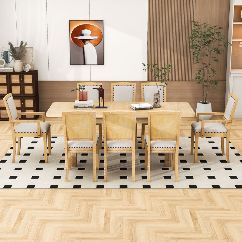 Ensemble de table de salle à manger 9 pièces, table extensible avec rallonge amovible Bastrie, 6 chaises sans accoudoirs et 2 chaises