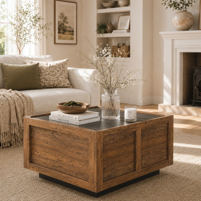 Alpena Square Coffee Table with 2 Hidden Drawers, Black/Oak