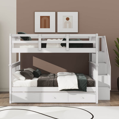 Full-Over-Full Bunk Bed For Bedroom, Equipped With Drawer, Storage, And Guard Rail On Stairway
