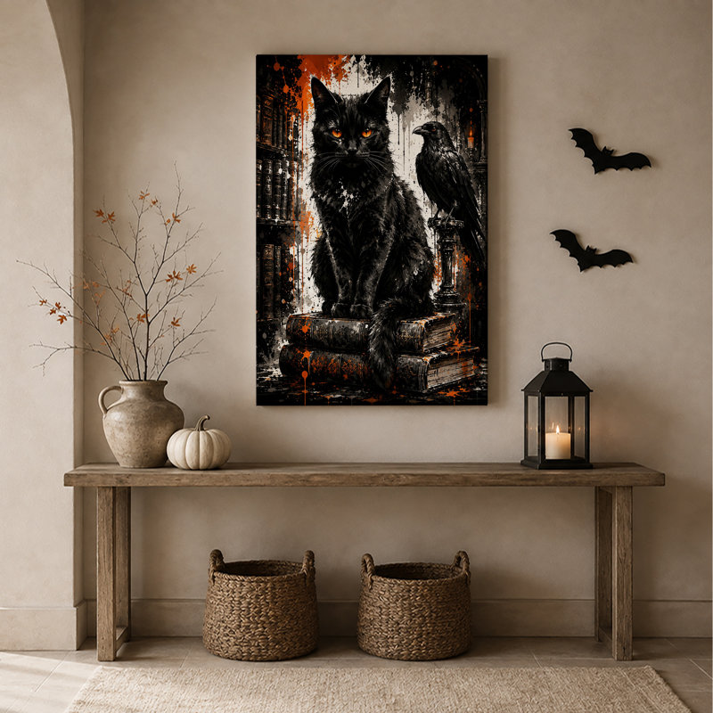 Chat noir et corbeau avec peinture orange éclaboussures d'Halloween sur toile, H 24 po x l 18 po