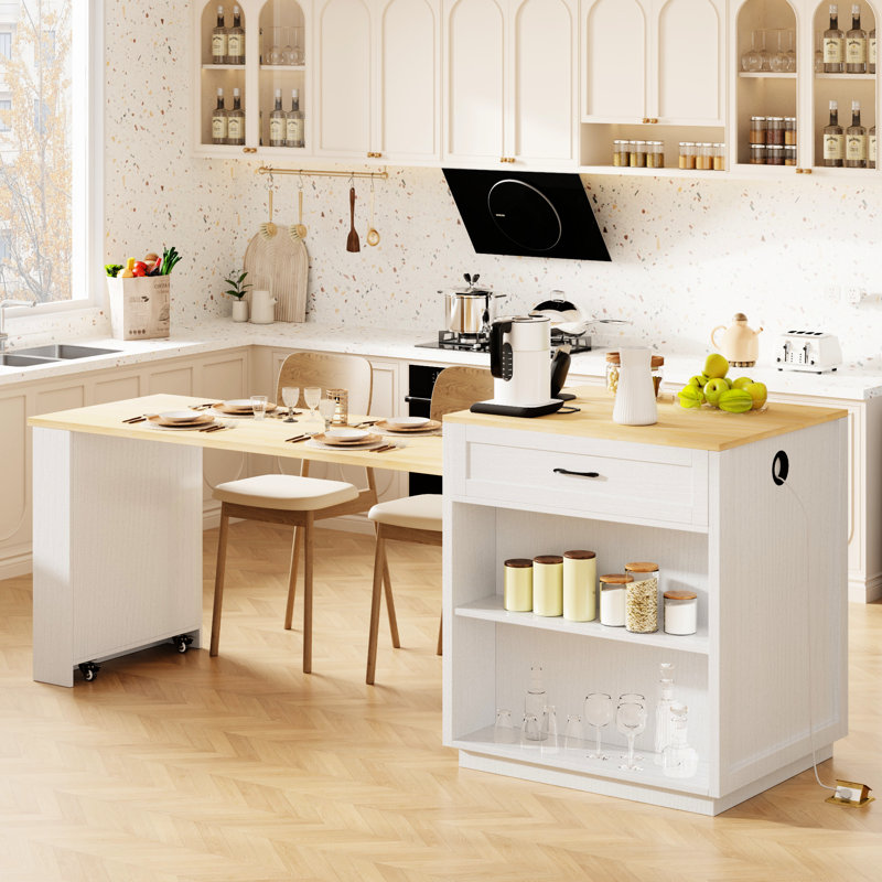 82.7 Inch Kitchen Island With Extendable Table For 2-6, White Cabinet, Double Storage Design, Power Outlet, 2 Side Open Shelves Dining 2-6 People, White, Storage, Lockable Wheels, Adjustable Shelf,