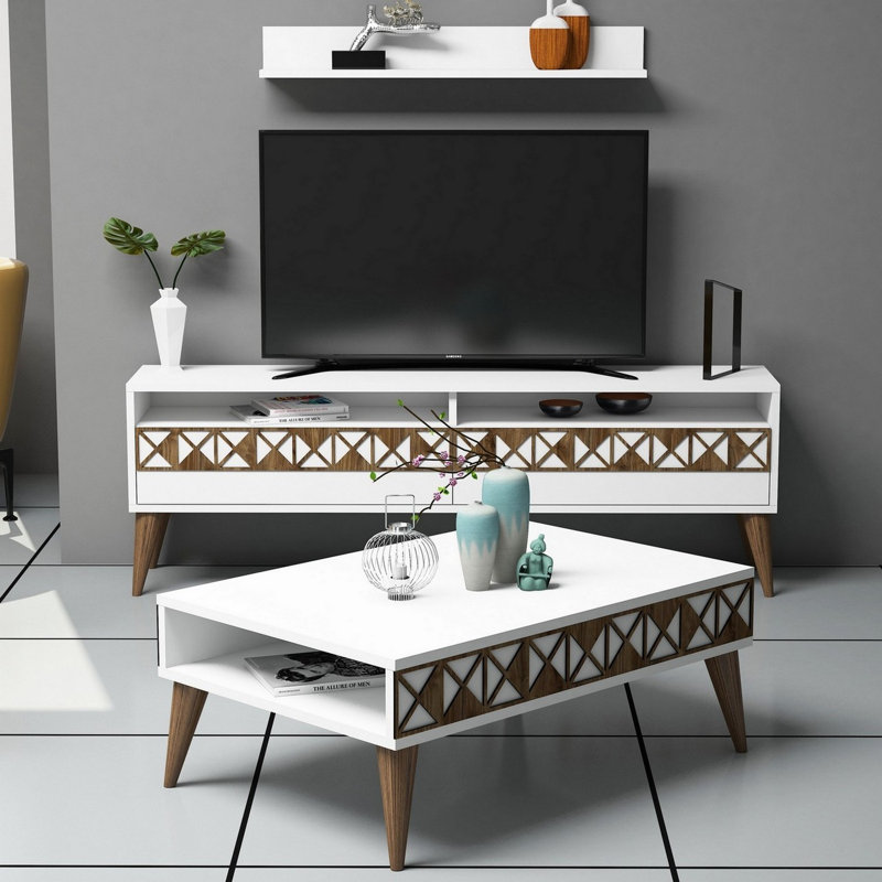 Ensemble de meubles de salon moderne, blanc - meuble télé (59,1 x 19,7 x 11,8 po), tablette murale (35,4 x 4,6 x 5,4 po), table basse (35,4 x 13,6 x 23,6 po) | Panneau de particules 100% enduit de mélamine | Conception géométrique, fixation murale, tablettes spacieuses