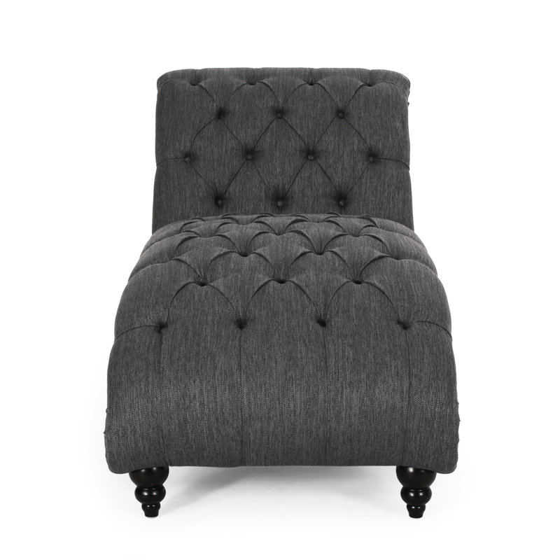 Chaise longue de style courbée, tissu anthracite surpiqué à boutons et à losanges, pieds relaxants en bois de bouleau stable, design, coloré