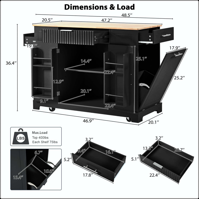 48.5" Kitchen Island with Trash Can Cabinet, Power Outlet, and Fluted Drawer – Black, Black