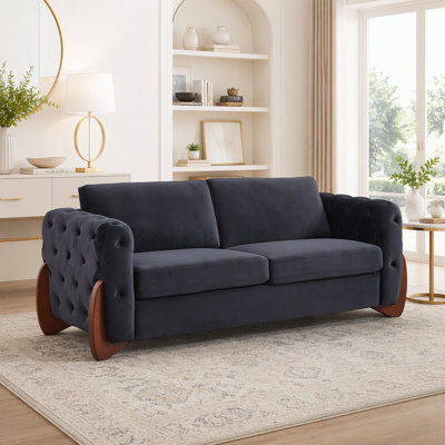Canapé classique en velours avec détails capitonnés, pieds en bois courbés et accoudoirs élégants pour une décoration de salon raffinée, 2 pièces
