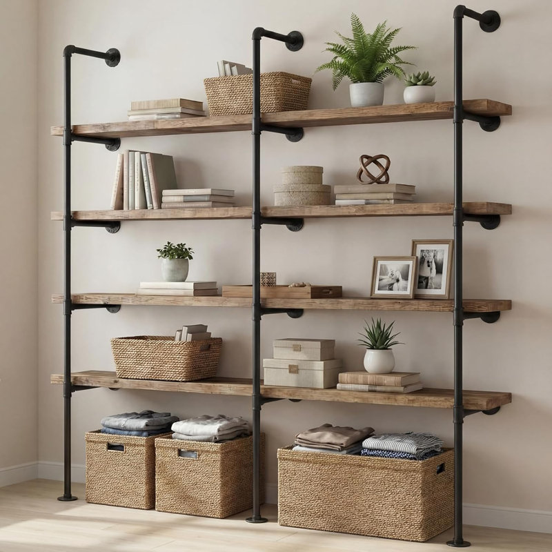 3 Pcs 5 Tier Industrial Iron Pipe Shelving Wall Mount Vintage Retro Ceiling Hung Shelf DIY Open Bookshelf Ladder Shelves For Office Living Room, 77 Tall 14 Deep (No Wood Planks Included)
