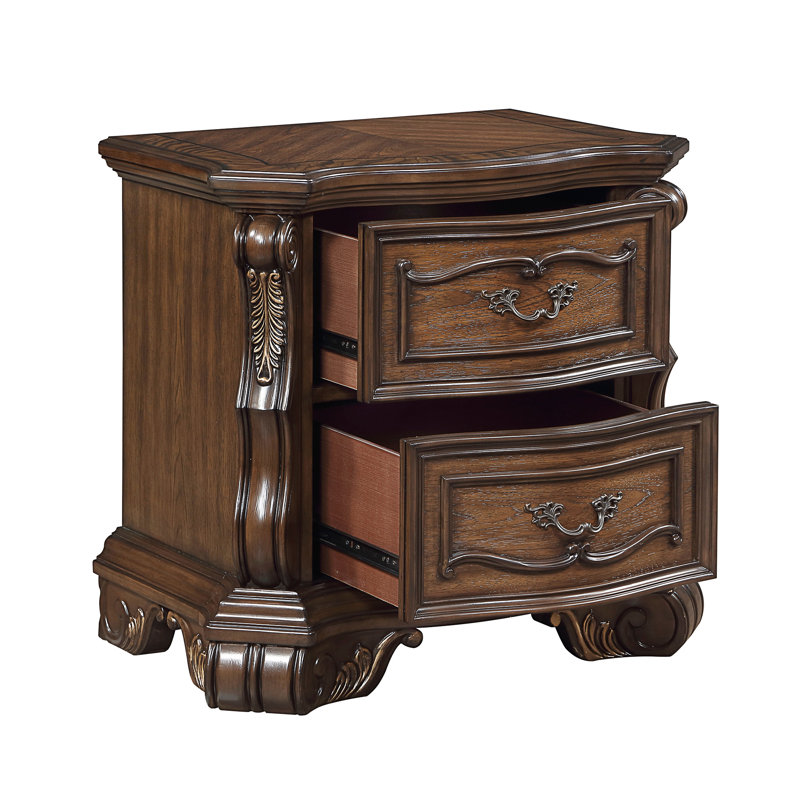 Table de chevet formelle traditionnelle à finition brun foncé de luxe avec 2 tiroirs décoratifs dorés et armoire de chevet 1pc