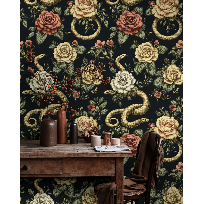 Rouleau de papier peint floral Serpents Garden Noir