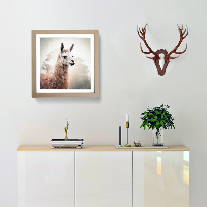 Llama Double Exposure - Single Picture Frame Print on Wood, Oak