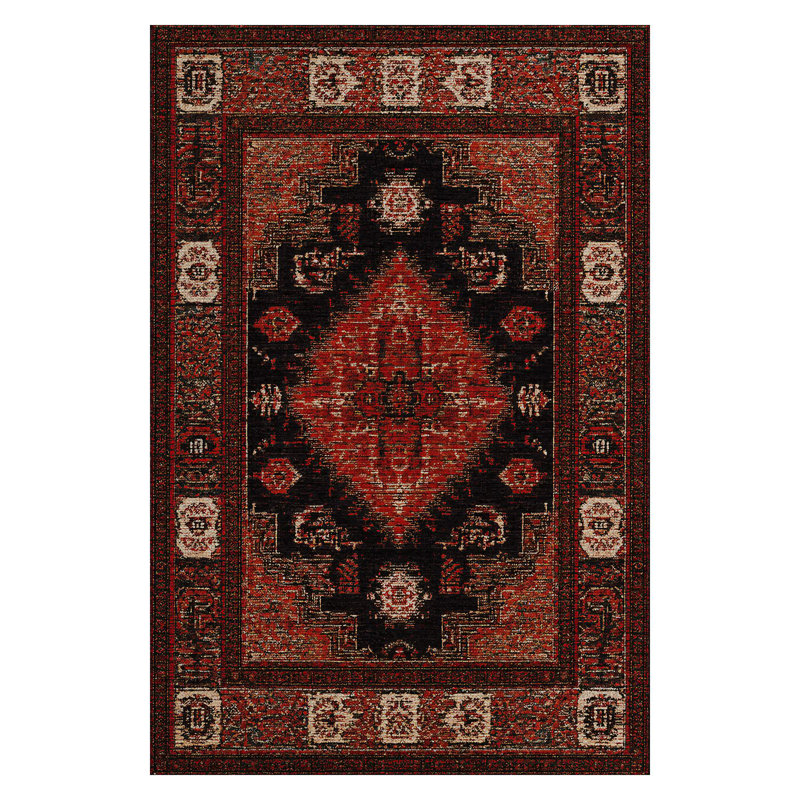 Guria Red/Black Oriental Machine Printed Cotton Chenille Area Rug, Runner 2'8" x 10'6"