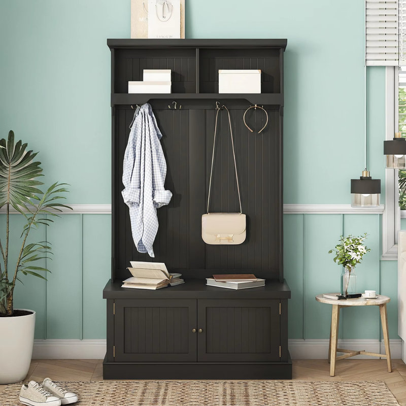 Hall Tree with Storage Shoe Bench, Black
