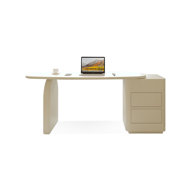 Bureau ovale en bois manufacturé blanc crème avec 2 tiroirs, H 29,53 po x l 47,24 po x P 23,62 po