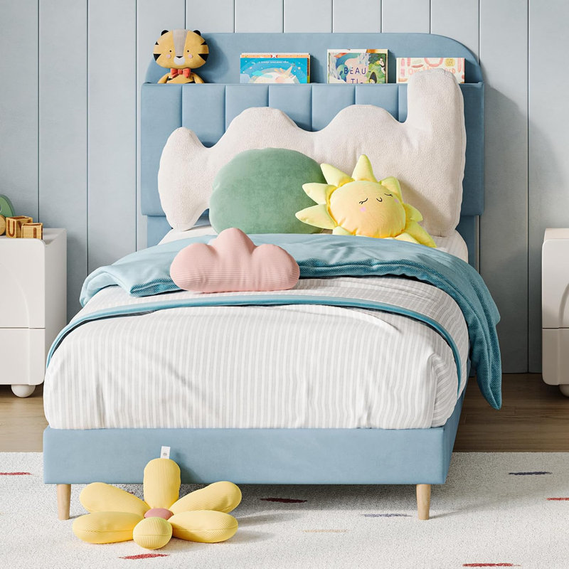 Twin Velvet Upholstered Kids Bed with Drawer, Low Profile, Wood Slats, Blue, Twin, Blue