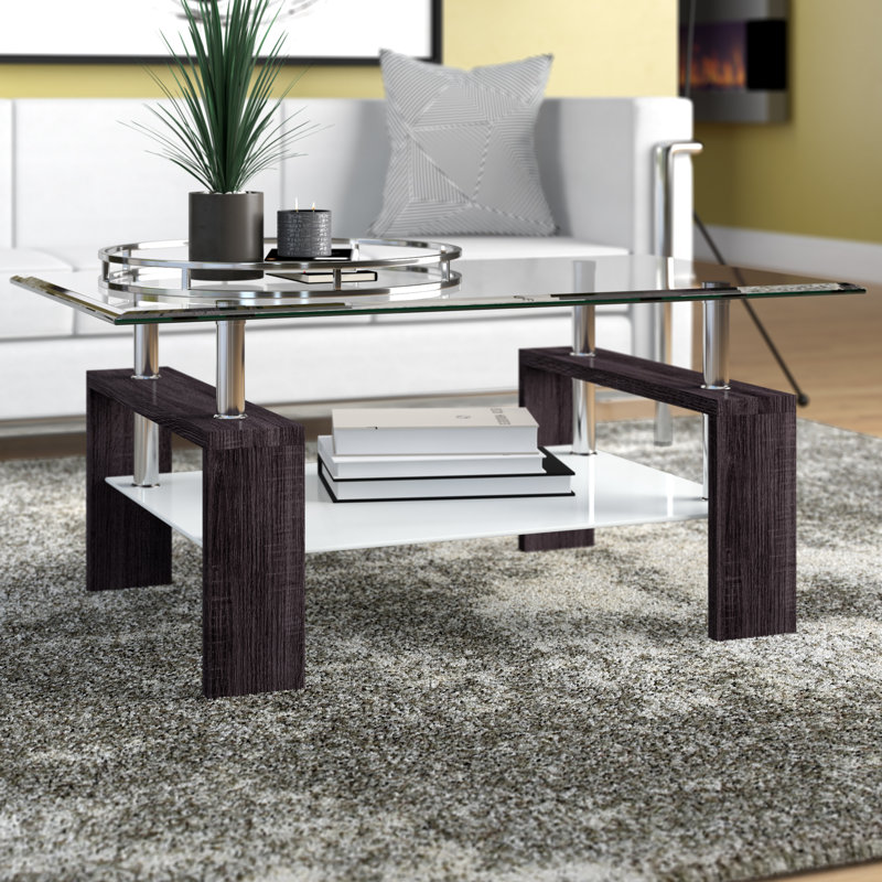 Table basse rectangulaire en verre trempé avec tablette, Noir, Transparent