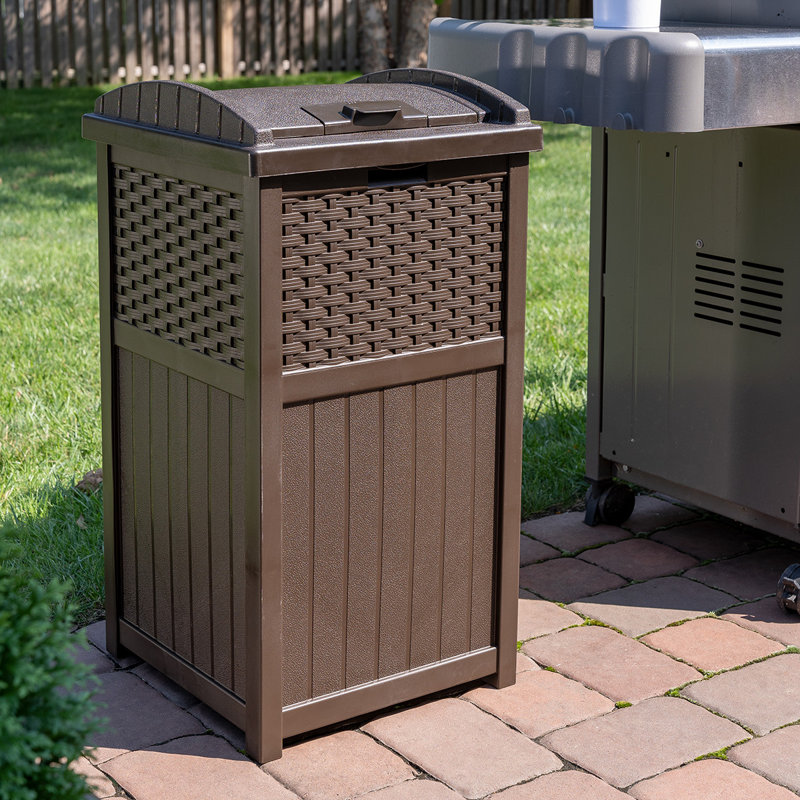 Suncast 17 in. W x 16 in. D Resin Wicker Trash Hideaway for Outdoor Waste Storage, Made in the USA, Brown