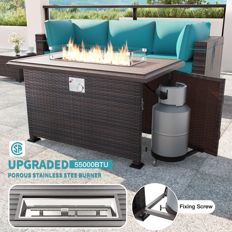 Yasmina 8-Pieces All-Weather Wicker Outdoor Conversation Sets With 55,000 BTU Fire Pit Table And Cushions, Green