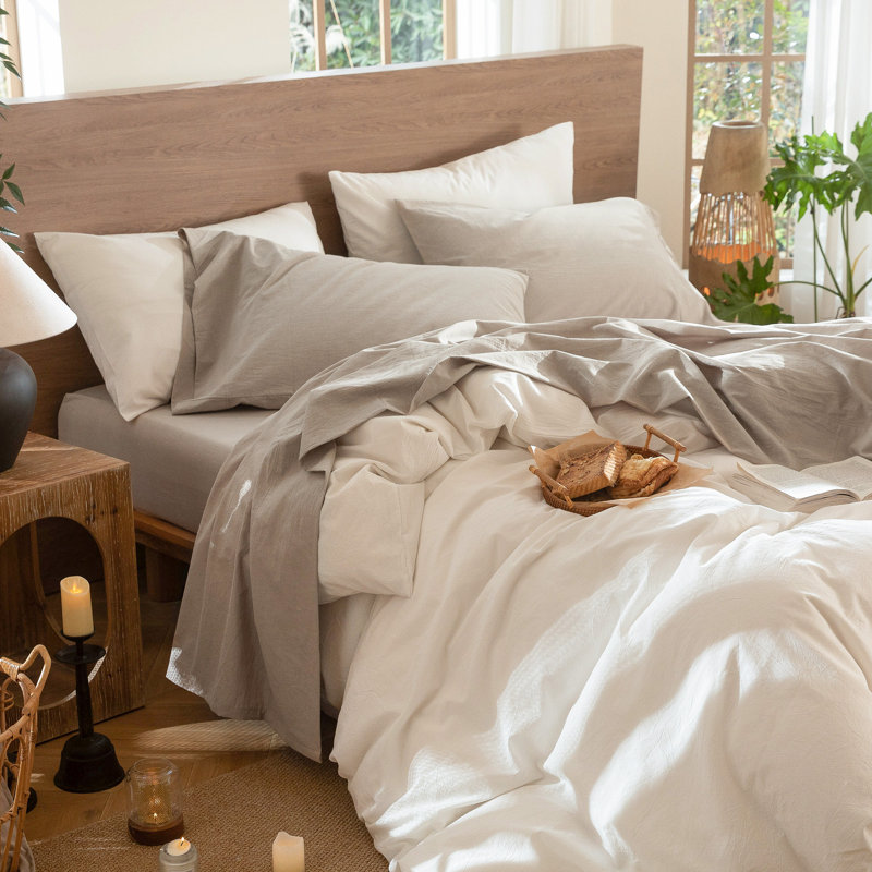 100% Washed Cotton Sheet Set Extra Deep Pocket Linen Like Textured, Tannish Linen Gray