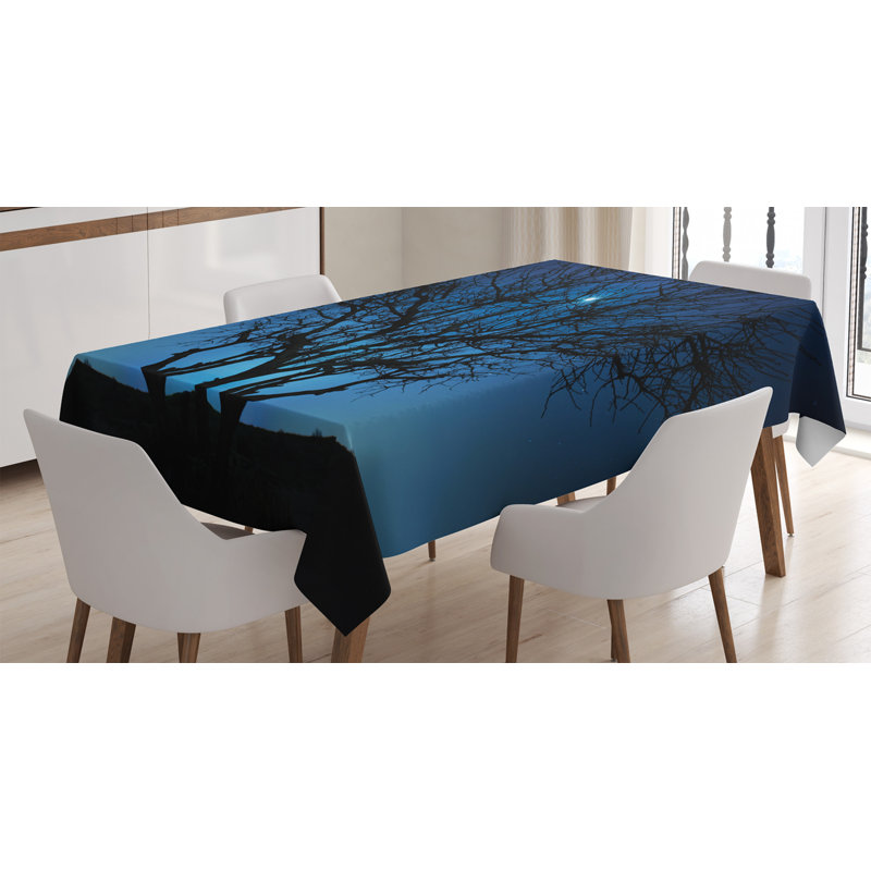 Ambesonne Navy Blue Tablecloth, Tree Under Clear Night Sky With Moon And Stars Galaxy Nature Landscape Art Print, Rectangular Table Cover For Dining Room Kitchen Decor, 52" X 70", Navy Black