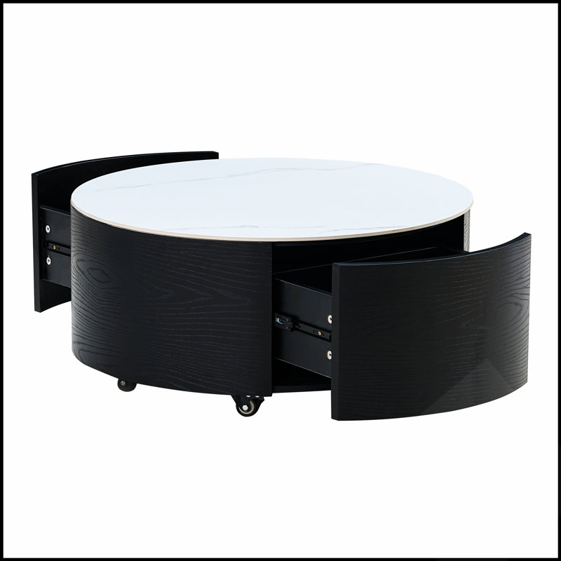 Table basse ronde moderne mobile avec roulettes, 2 tiroirs et plateau en marbre fritté durable, Blanc/Noir