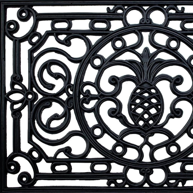 Tapis de porte d'extérieur en caoutchouc noir à motif ananas et volutes, 61 x 91 cm