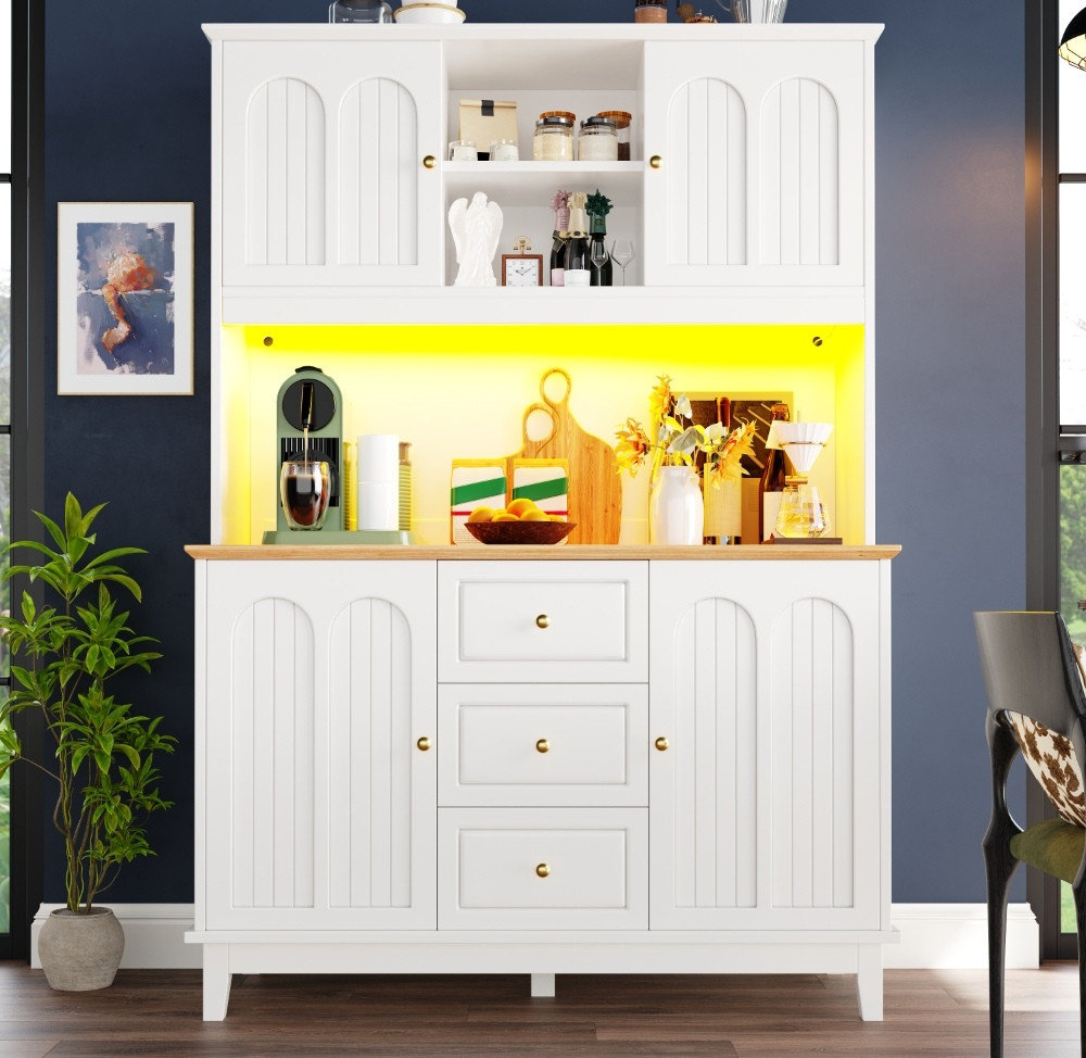 App Controlled LED Kitchen Buffet Sideboard, 180cm Tall Storage Pantry Cabinet with 3 Drawers & Adjustable Shelves