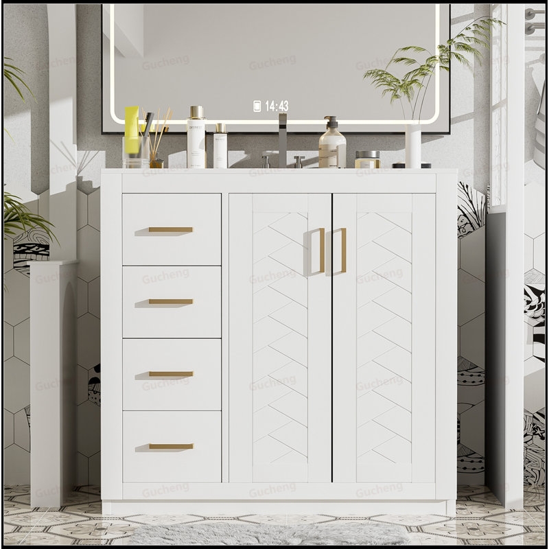 Meuble-lavabo autoportant avec lavabo en céramique et 3 tiroirs, Blanc