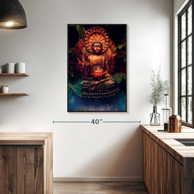 Statue de Bouddha ornée, Cadre flottant noir, 27 po x 40 po