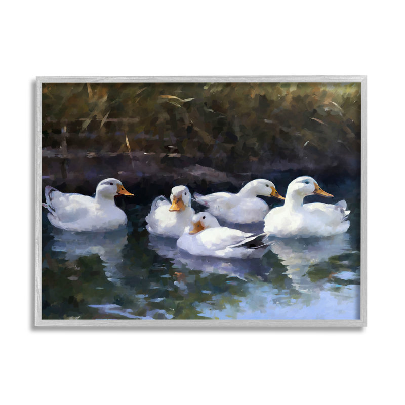 Gray Framed Canvas Print of Ducks in Pond Landscape, 20 x 16