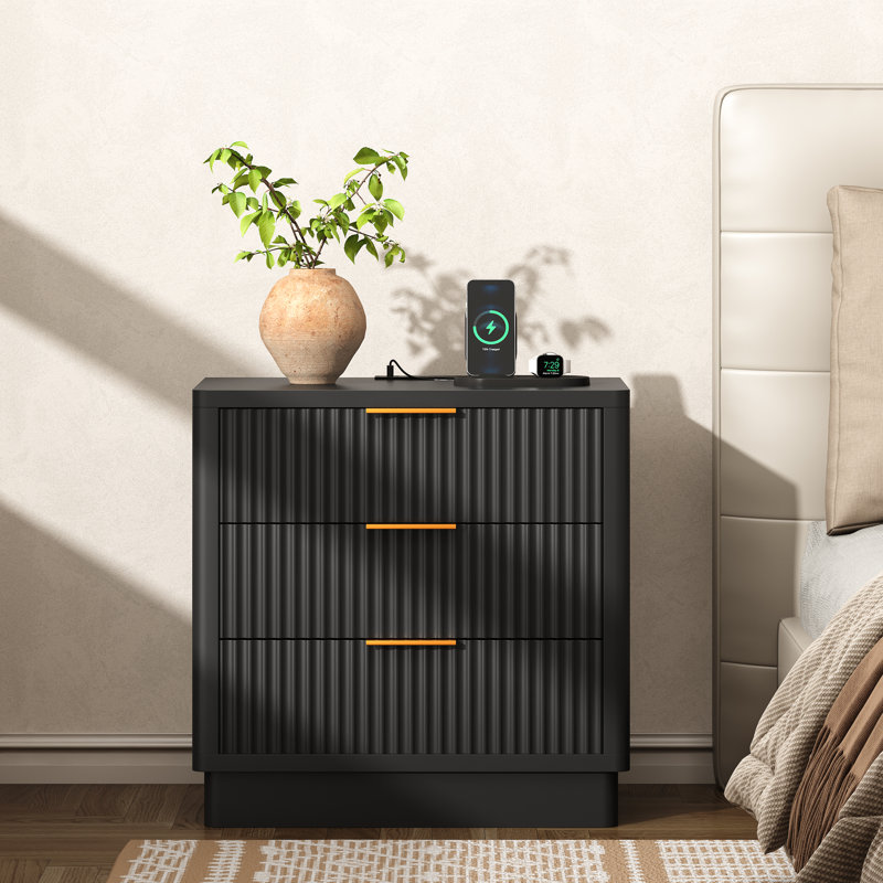 23.6" W 3-Drawer Nightstand with Charging Station, Black