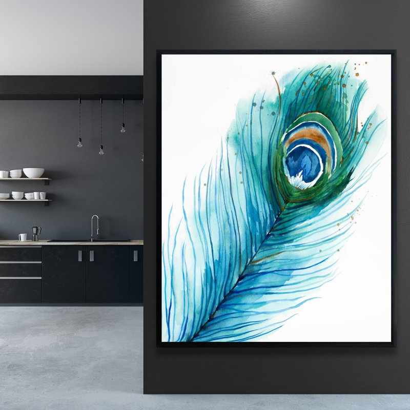 «Long Peacock Feather - Plumes bleues», reproduction sur toile encadrée