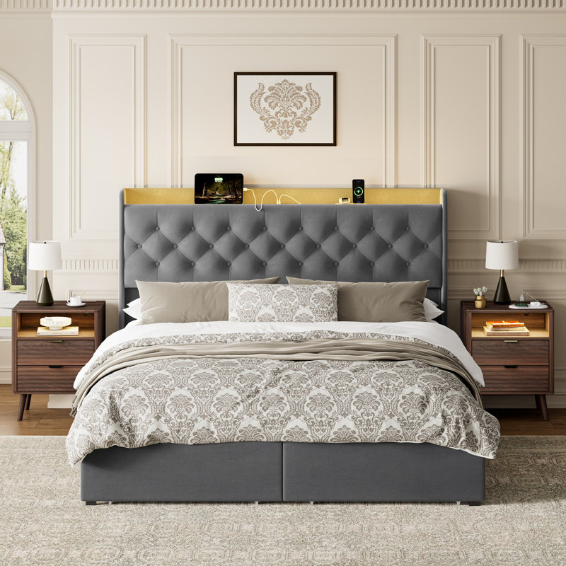 Ensemble de chambre à coucher 3 pièces, lit rembourré avec 4 tiroirs et 2 tables de chevet à motif de vagues, Lit double