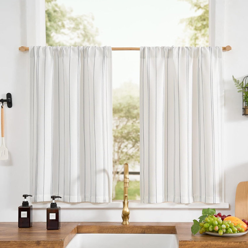 Striped Modern Farmhouse Kitchen Curtains Linen Look Cafe Curtains, Grey, 25" W x 36" L