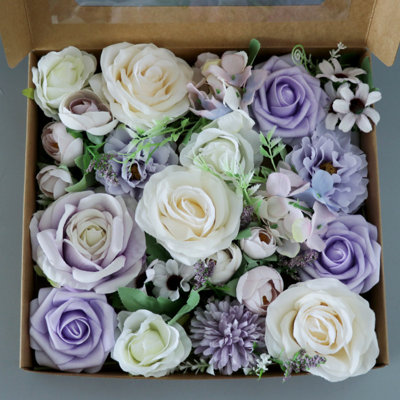 Bridal Wedding Roses Artificial Flowers Purple Bouquets Box Set Fake Flower With Stems For DIY Shower Party Table Centerpieces Home Decor