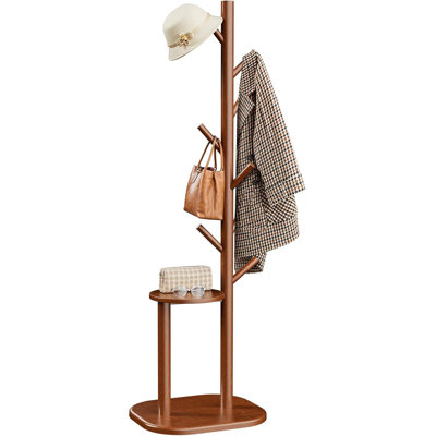 Portemanteau autoportant avec 8 crochets et tablette de rangement, base en bois massif, portemanteau de 66,3 po de hauteur