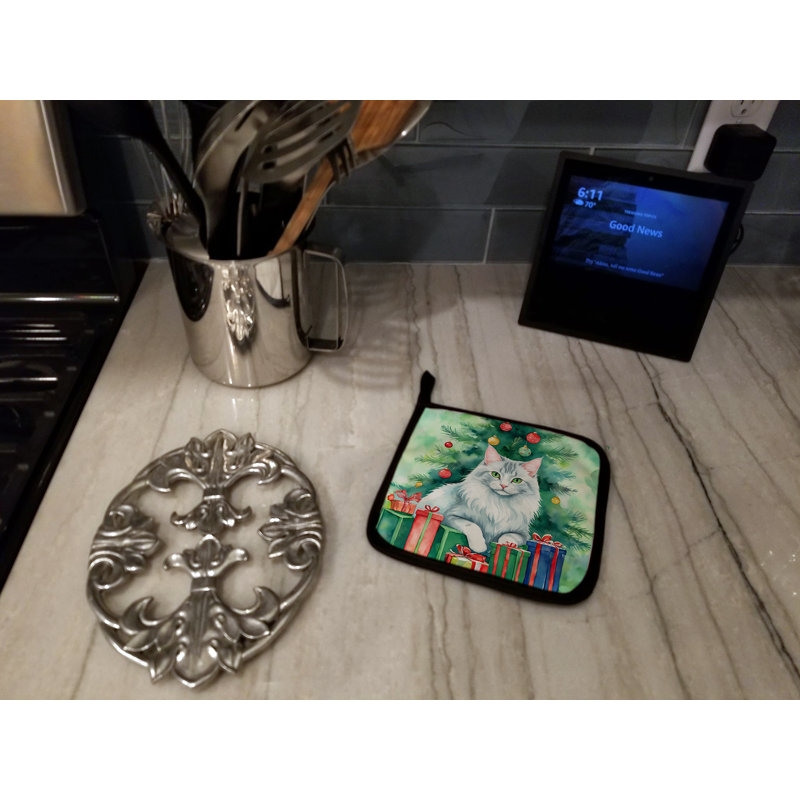 Turkish Angora Cat By the Christmas Tree Pair of Pot Holders